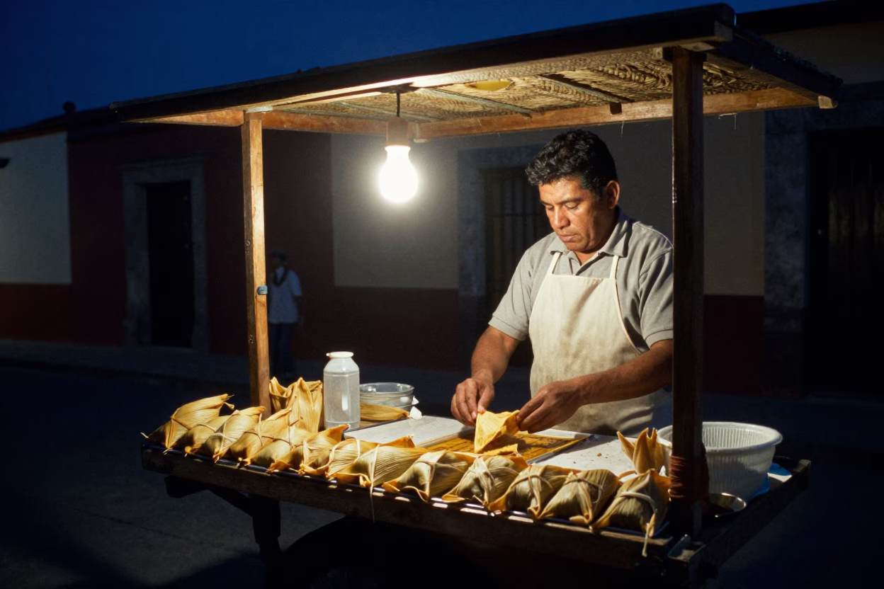 Night Market Scene in Oaxaca Mexico with Tamales and Street Lighting in in Oaxaca, Mexico