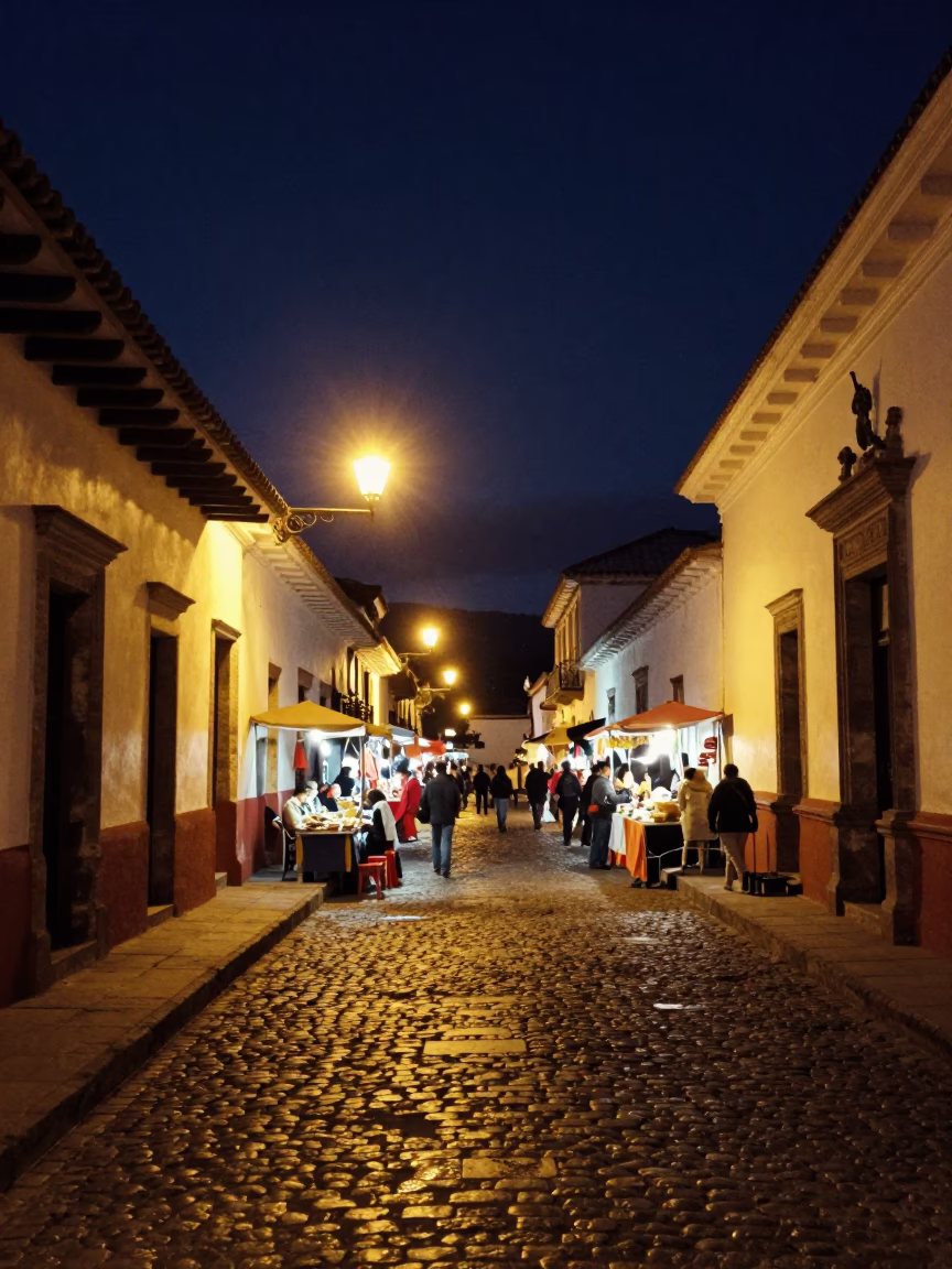 Night Market Scene in Quito Ecuador with Colonial Architecture and Local Street Life in in Quito, Ecuador