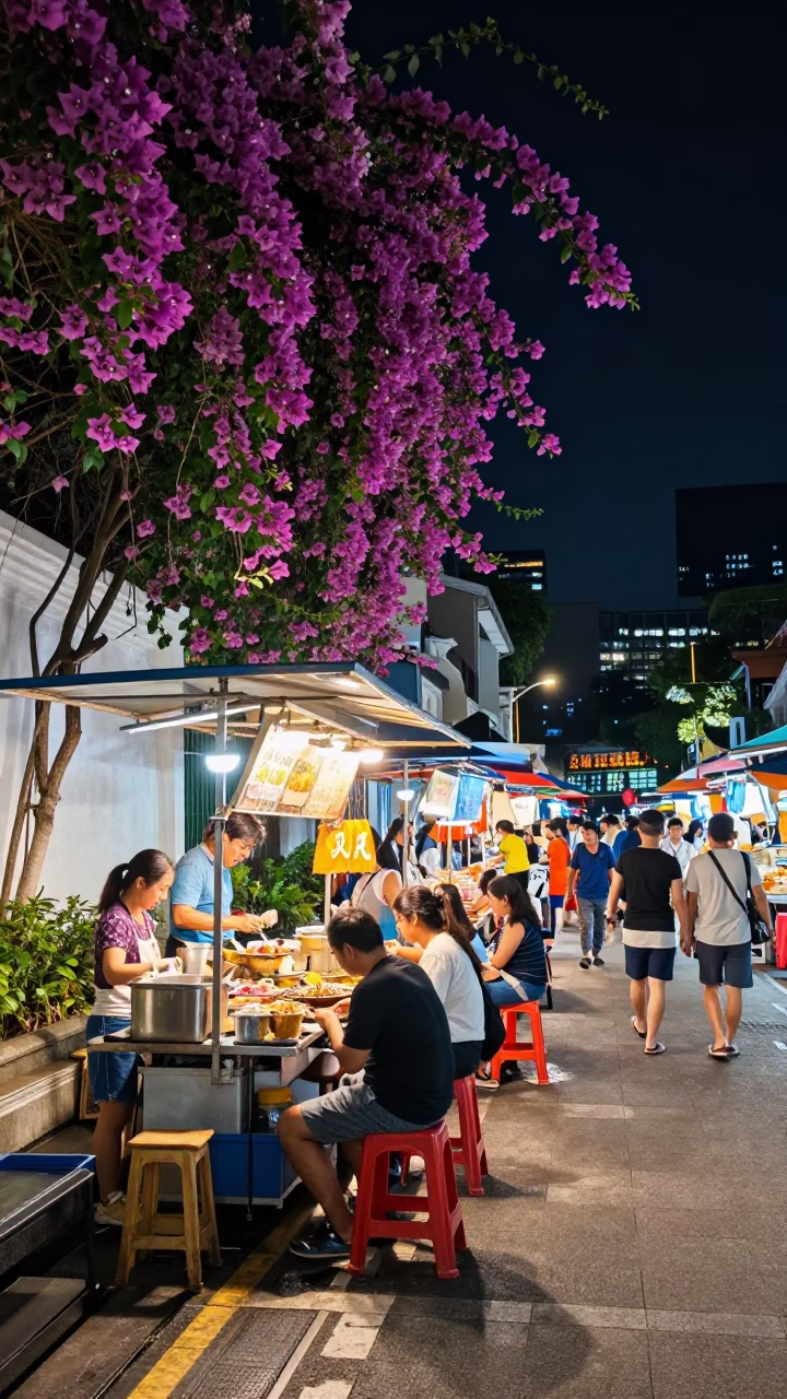 Night Market Scene in Singapore with Bougainvillea and Street Food Stall in in Singapore, Singapore