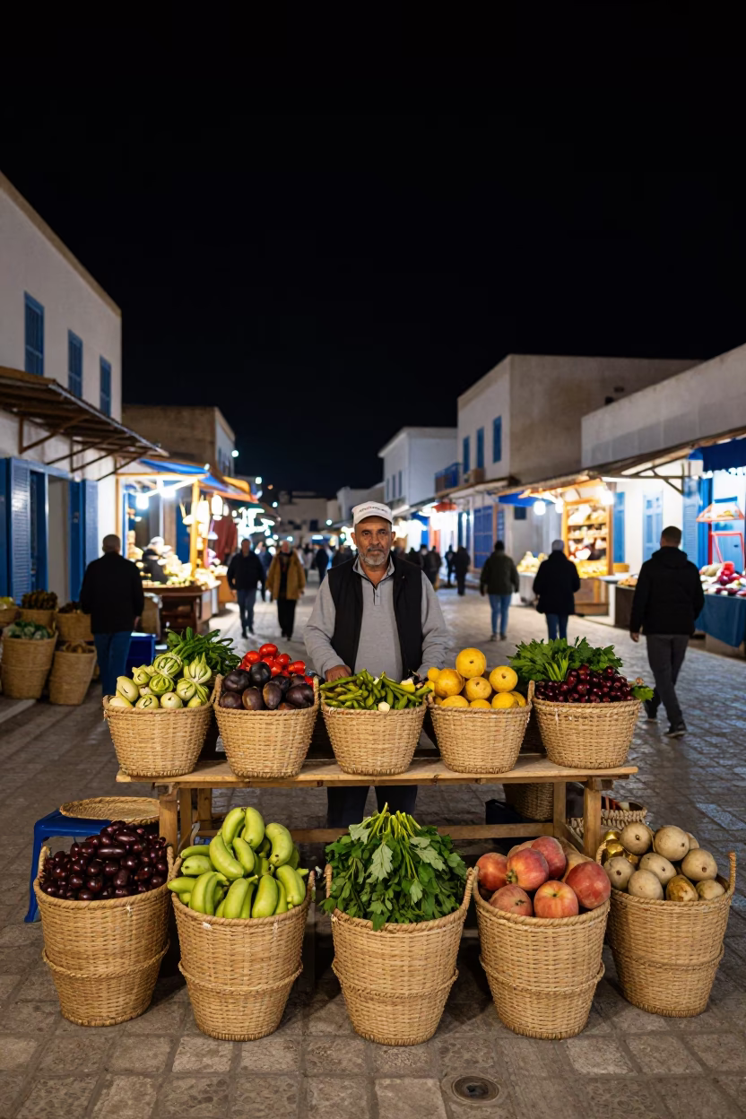 Night Market Scene in Tunis Tunisia with Woven Baskets and Street Life in in Tunis, Tunisia