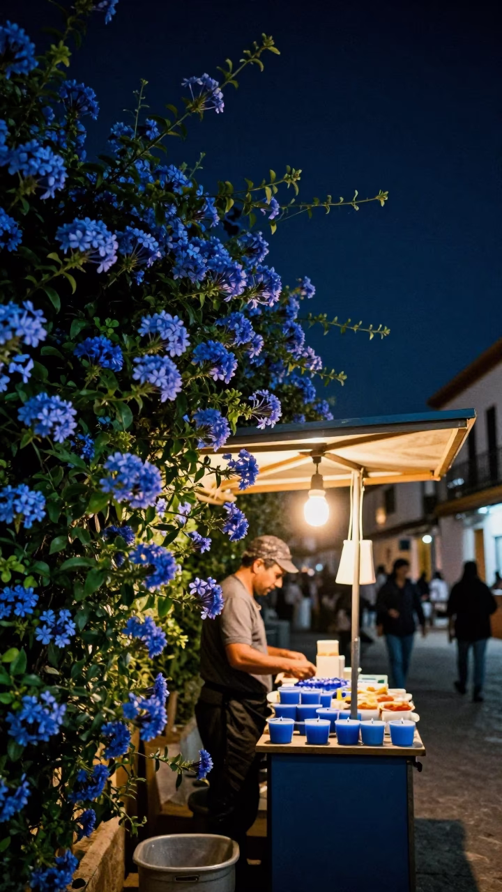 Night Market Seville Spain Plumbago Hedge Cornflower Blue Candle Snuffer Grease Sheen Hinge in in Seville, Spain