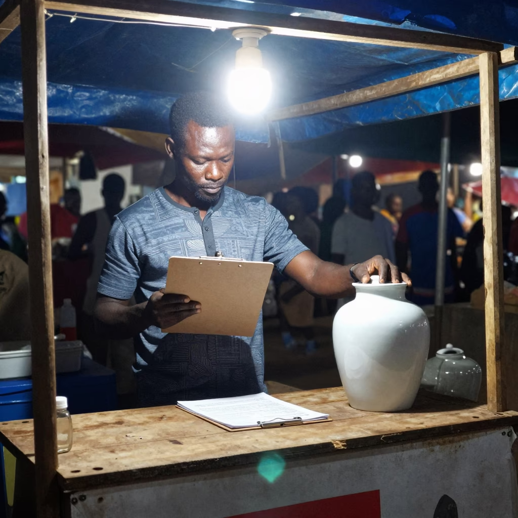 Night Market Stall in Accra Ghana Clipboard and Porcelain Jar Under Streetlight in in Accra, Ghana