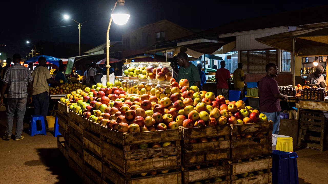 Night Market Stall in Accra Ghana with Apples and Glass Jars Under Streetlight in in Accra, Ghana