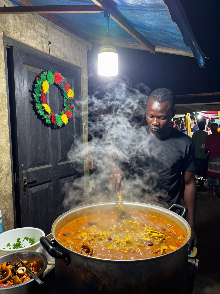 Night Market Stall in Accra Ghana with Door Wreaths and Steaming Food in in Accra, Ghana