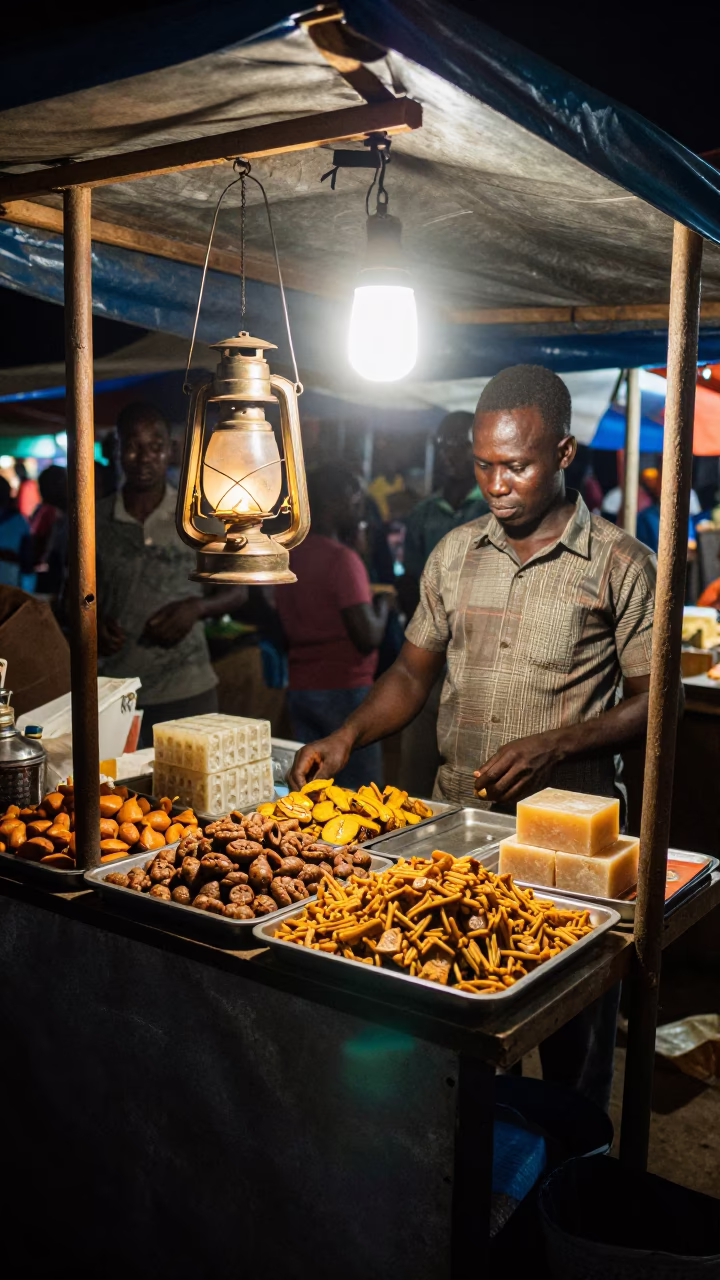 Night market stall in Accra Ghana with oil lamp and soap residue on fabric in in Accra, Ghana
