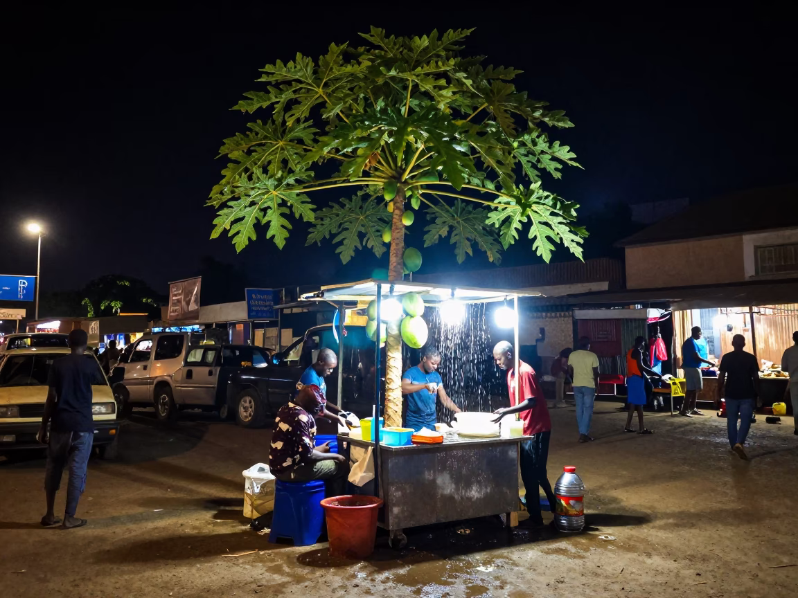 Night Market Stall in Accra Ghana with Papaya Tree and Wash Basin in in Accra, Ghana