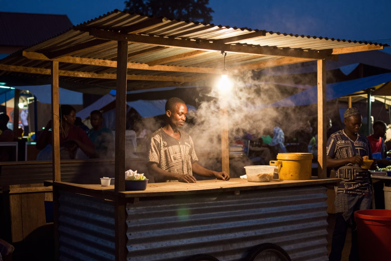 Night Market Stall in Accra Ghana with Steam Haze and Wooden Mallet in in Accra, Ghana