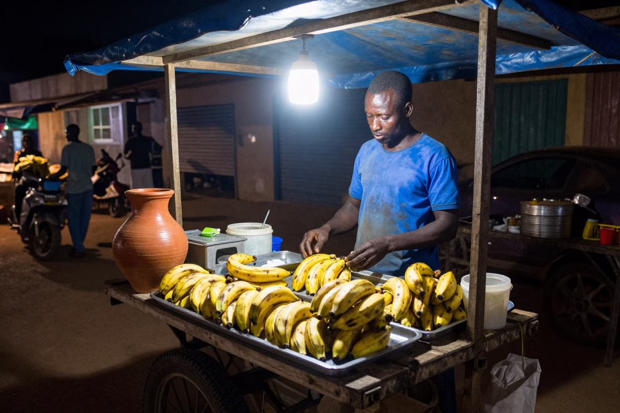 Night Market Stall in Accra Ghana with Terracotta Pot and Street Life in in Accra, Ghana