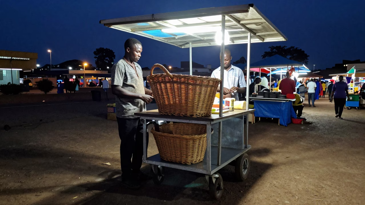 Night Market Stall in Accra Ghana with Wicker Hamper and Casters in in Accra, Ghana