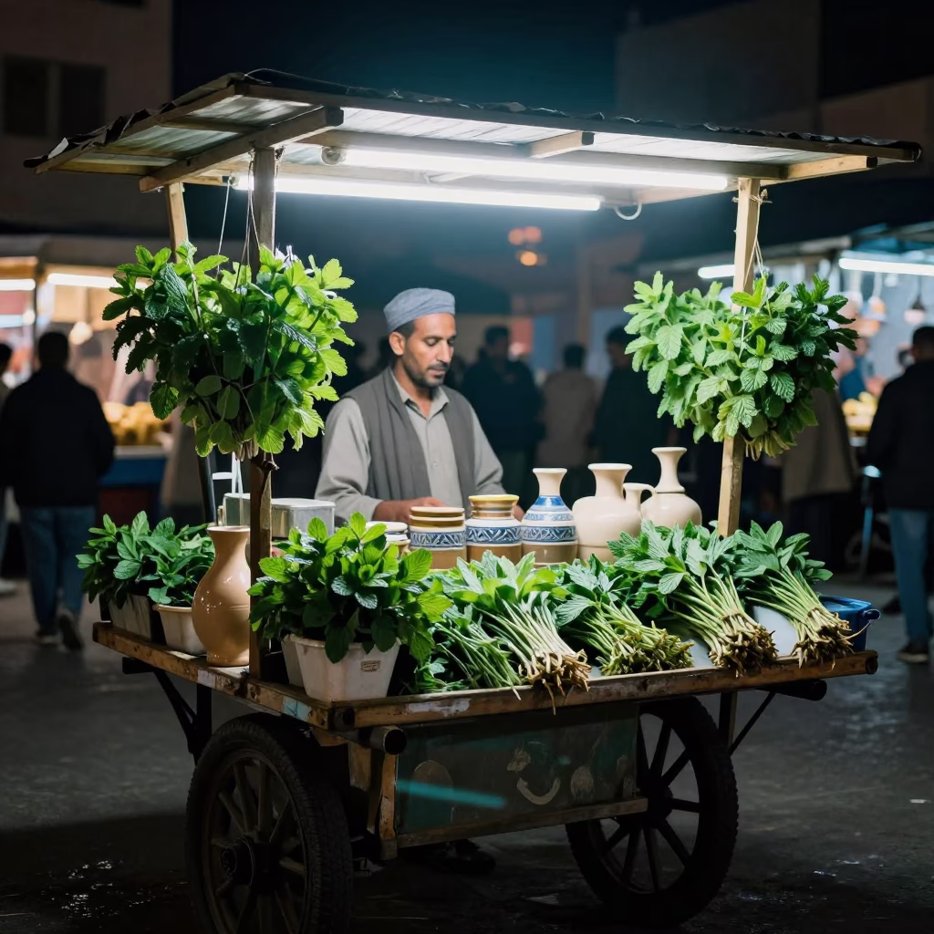 Night Market Stall in Alexandria Egypt with Fresh Herbs and Ceramic Carafe in in Alexandria, Egypt