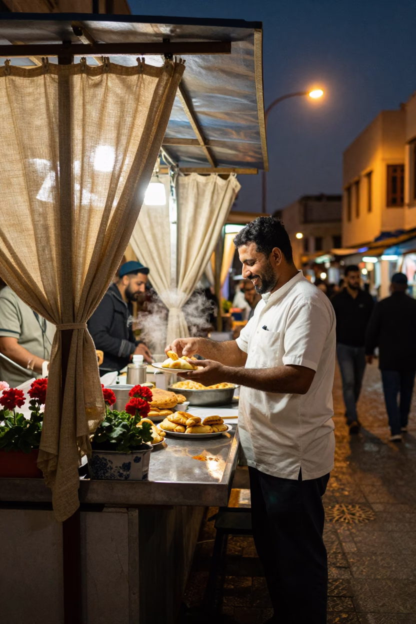 Night Market Stall in Alexandria Egypt with Linen Curtains and Geraniums in in Alexandria, Egypt