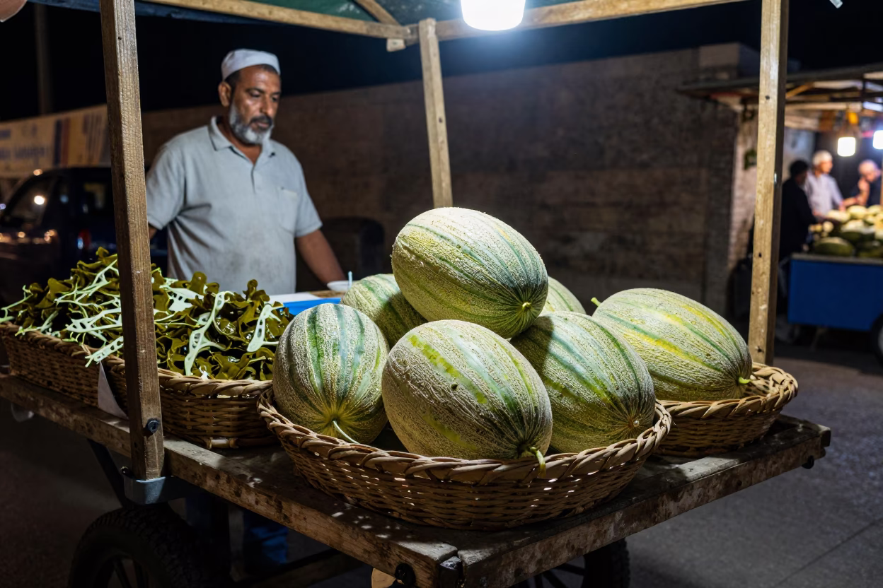 Night Market Stall in Alexandria Egypt with Melons and Vine Leaves Under Streetlight in in Alexandria, Egypt