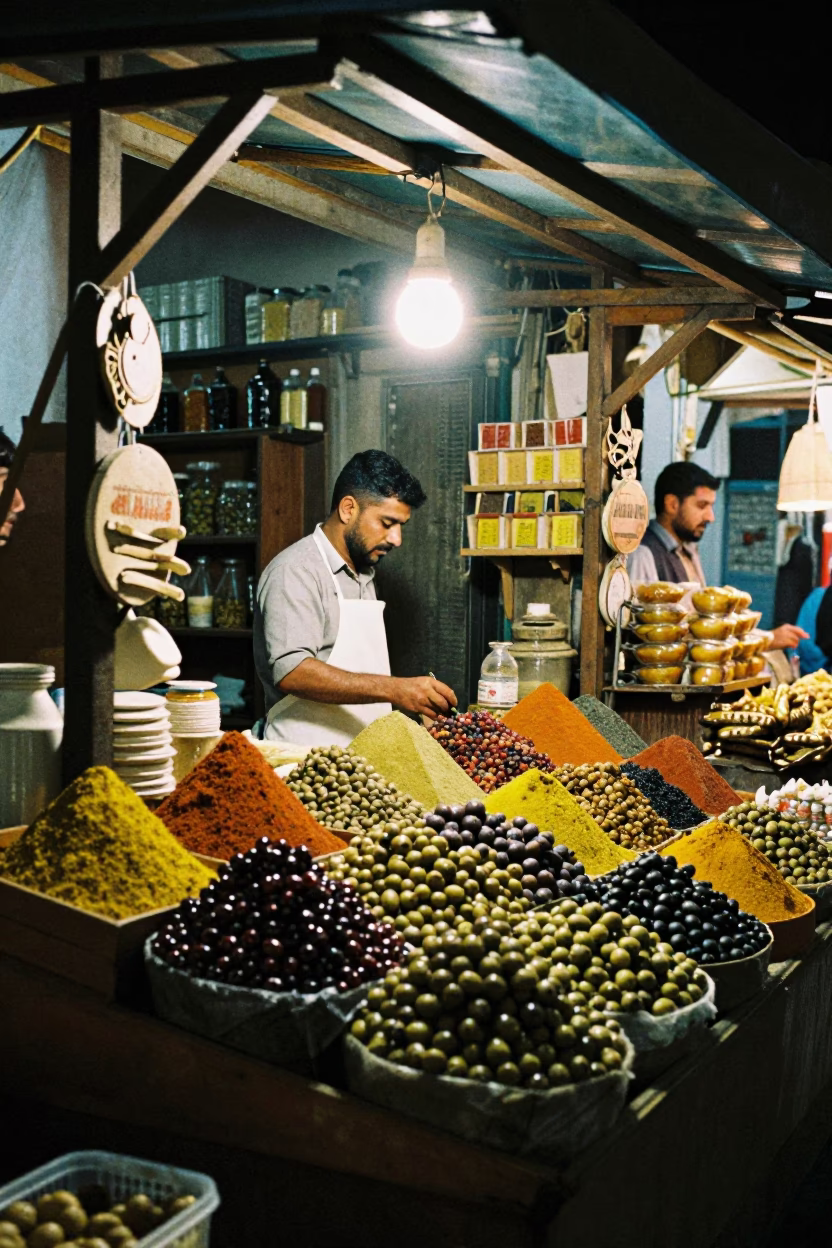 Night Market Stall in Alexandria Egypt with Olives and Spices in in Alexandria, Egypt