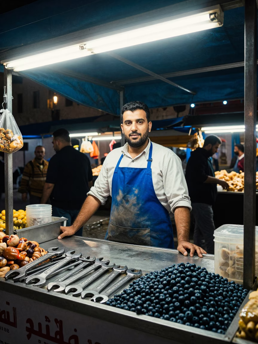 Night Market Stall in Amman Jordan with Wrench and Blueberries on Counter in in Amman, Jordan