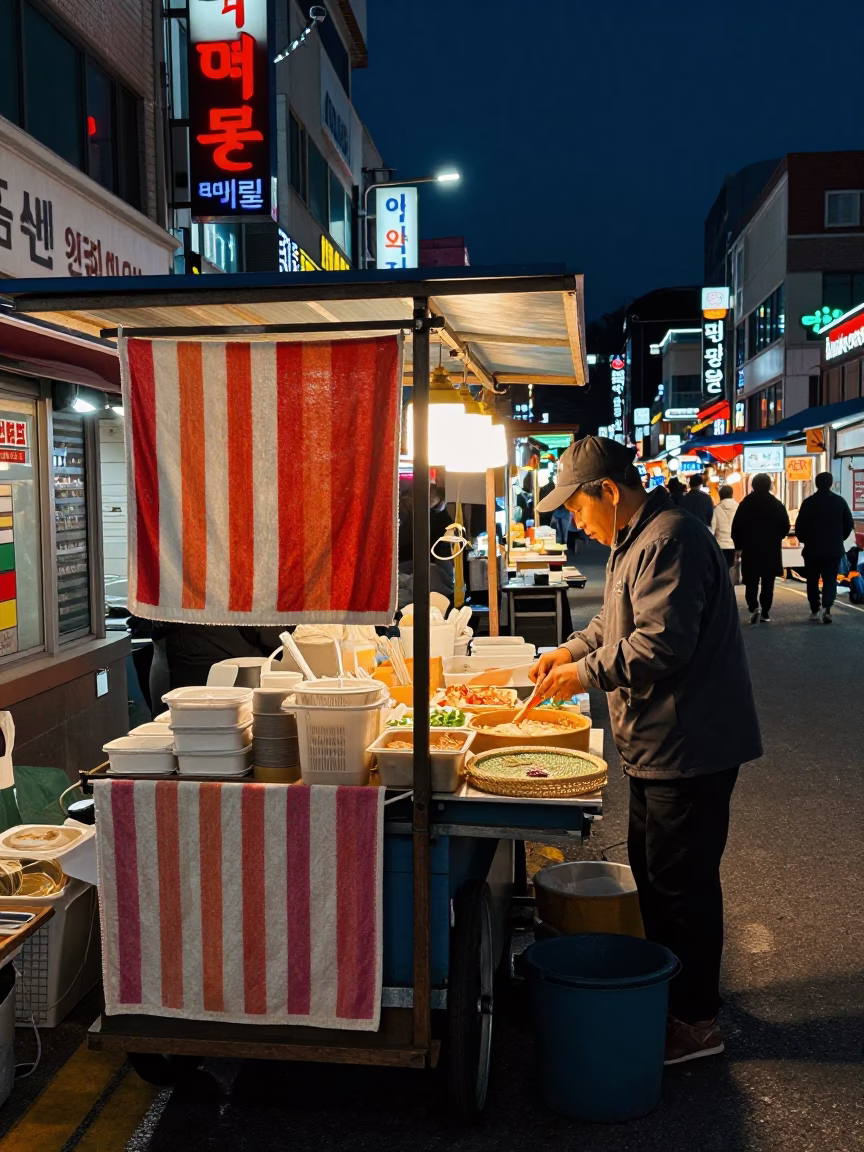 Night Market Stall in Busan with Striped Towel and Woven Mats in in Busan, South Korea
