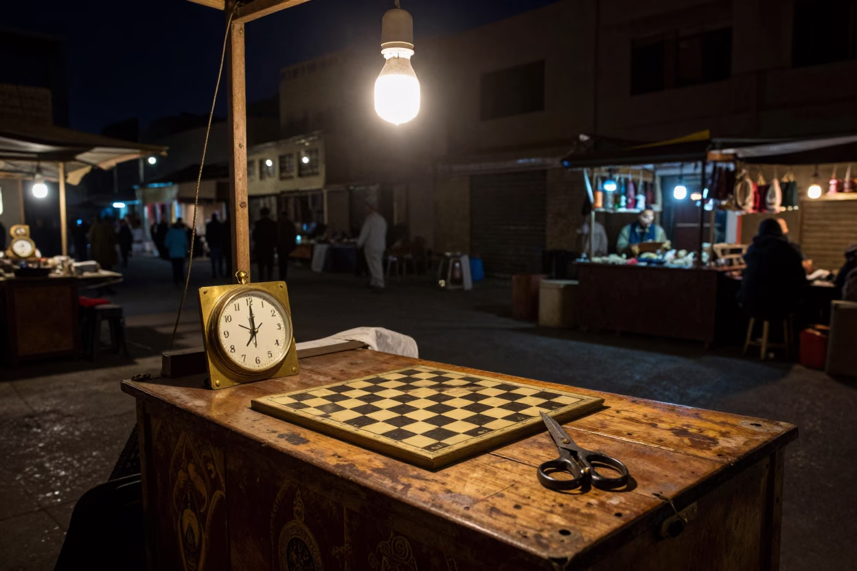 Night Market Stall in Cairo Egypt with Chess Clock and Sewing Scissors in in Cairo, Egypt