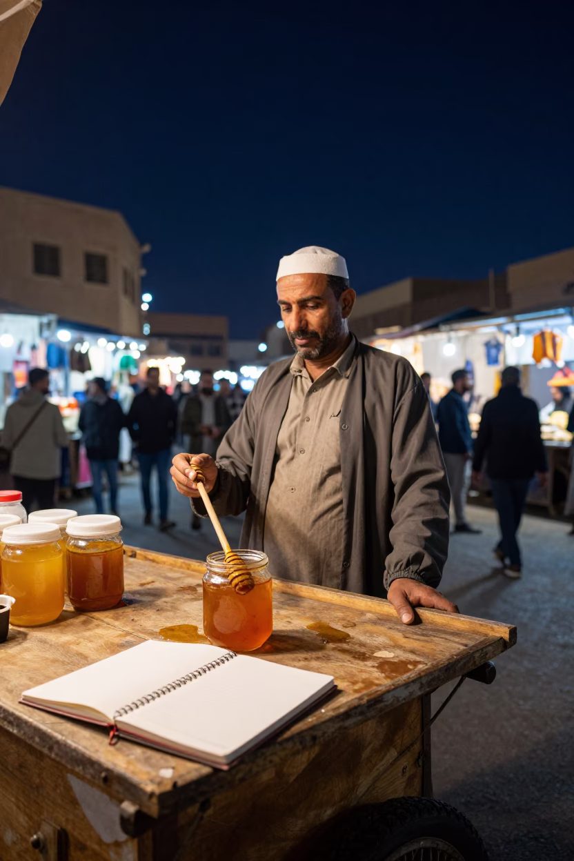 Night Market Stall in Cairo Egypt with Honey Dipper and Notebook Under Deep Sky in in Cairo, Egypt