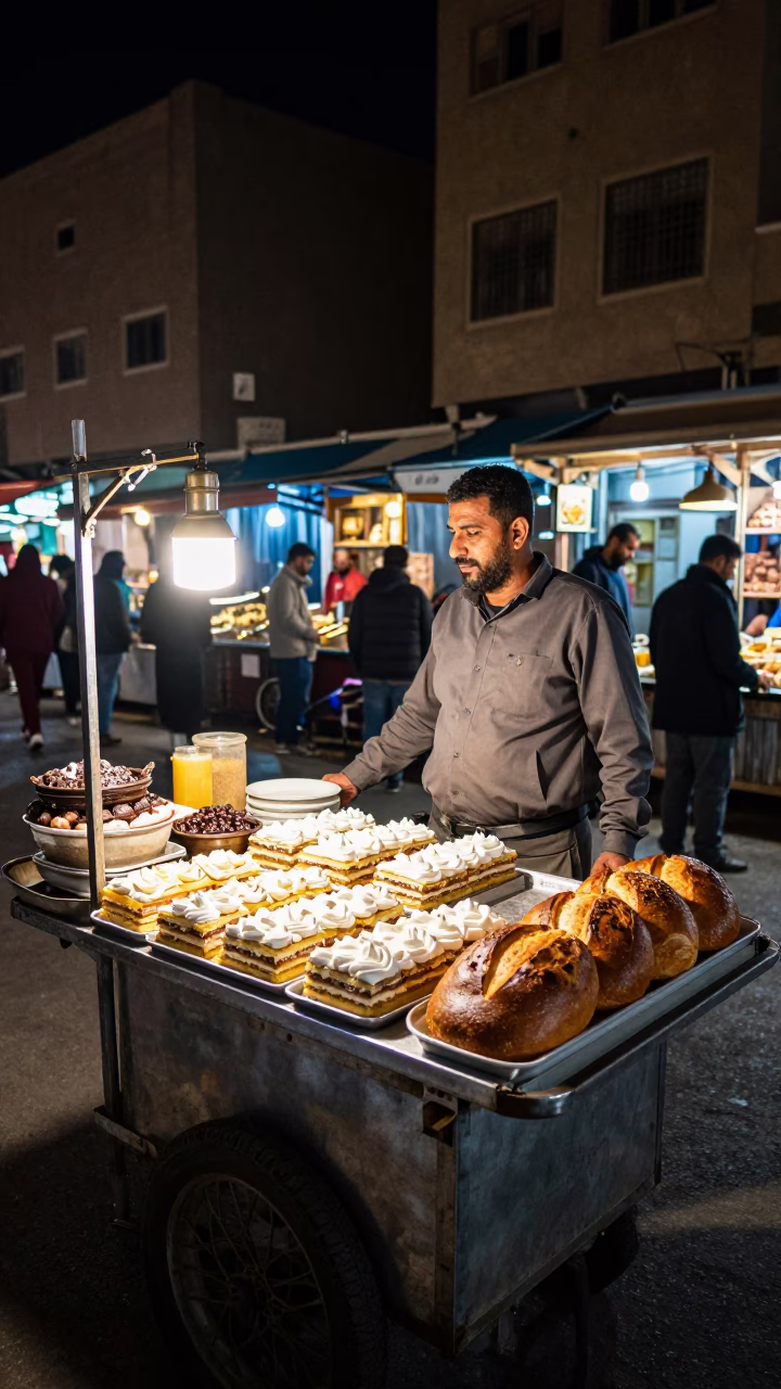 Night Market Stall in Cairo Egypt with Sweets and Street Life in in Cairo, Egypt