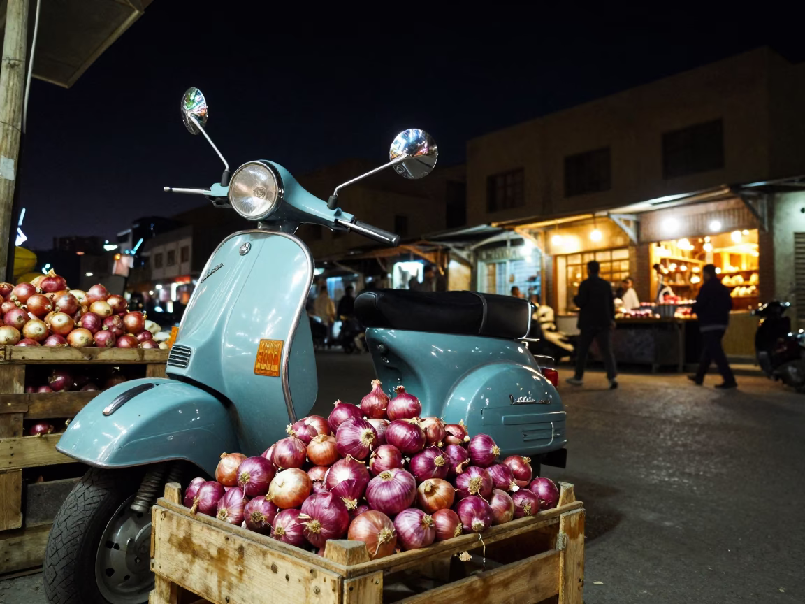 Night Market Stall in Cairo Egypt with Vintage Vespa and Onions in in Cairo, Egypt