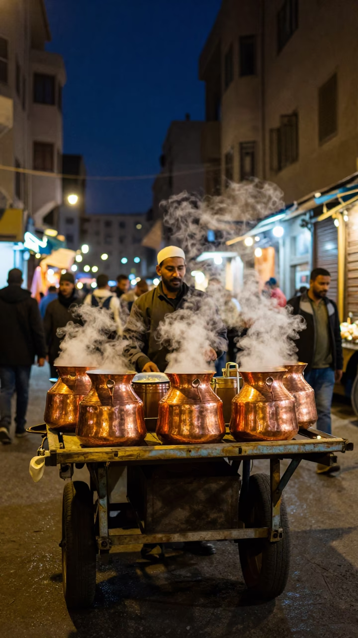 Night Market Stall in Cairo With Copper Pots and Steam in in Cairo, Egypt