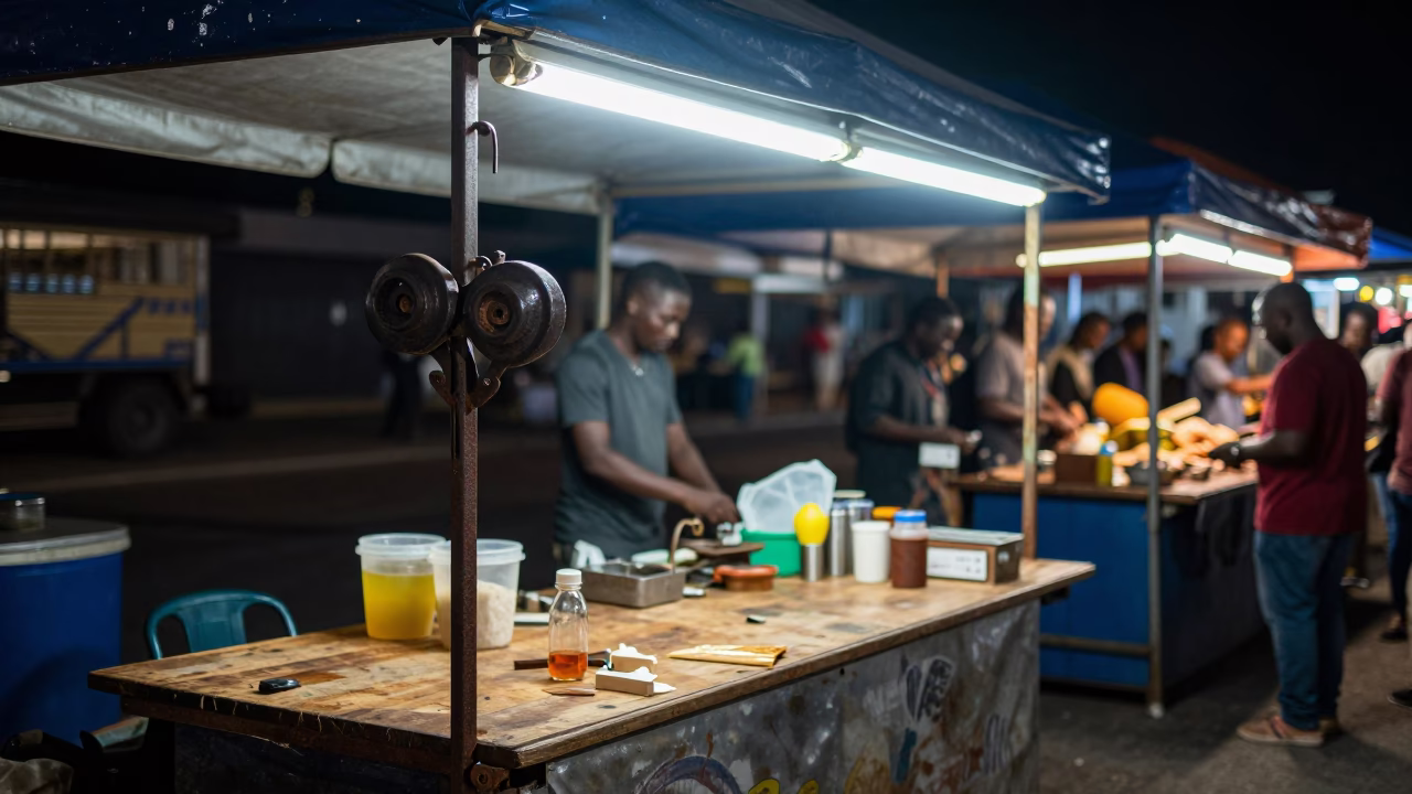 Night Market Stall in Cape Town With Rusty Runner Hardware and Steel Bottle Neck in in Cape Town, South Africa