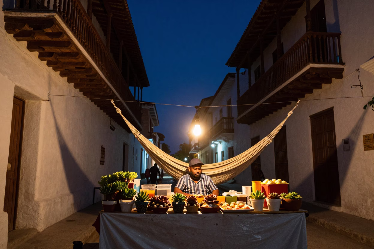 Night Market Stall in Cartagena Colombia with Hammock and Succulents in in Cartagena, Colombia