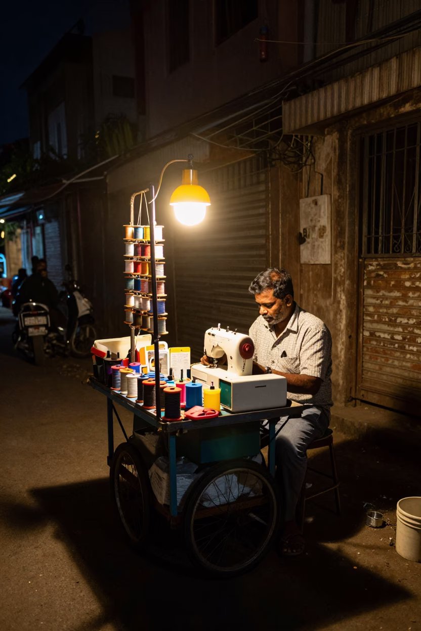 Night Market Stall in Chennai India Selling Sewing Supplies and Bobbin Cases Under Streetlight in in Chennai, India