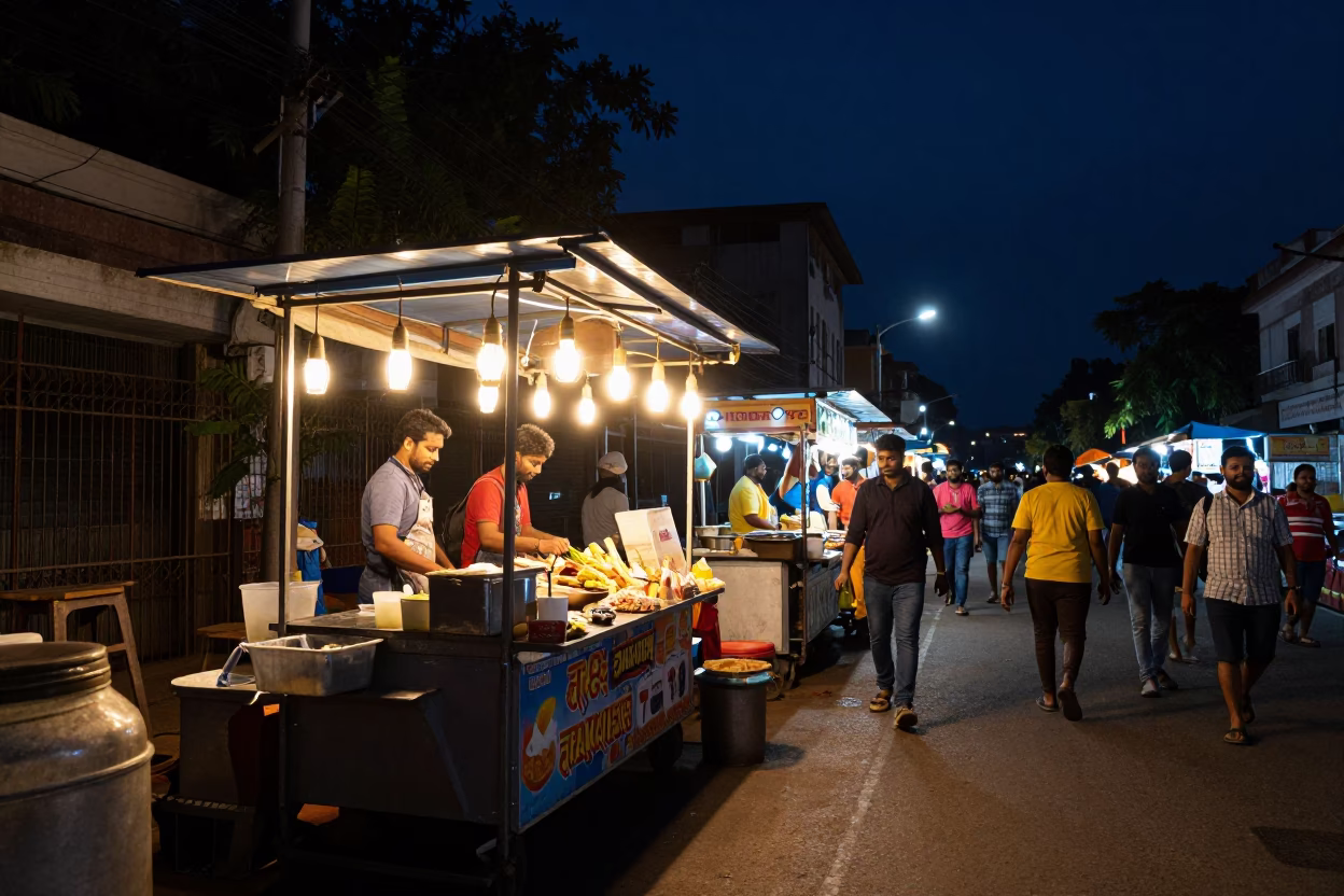 Night Market Stall in Chennai India with Glowing Lamps and Street Activity in in Chennai, India