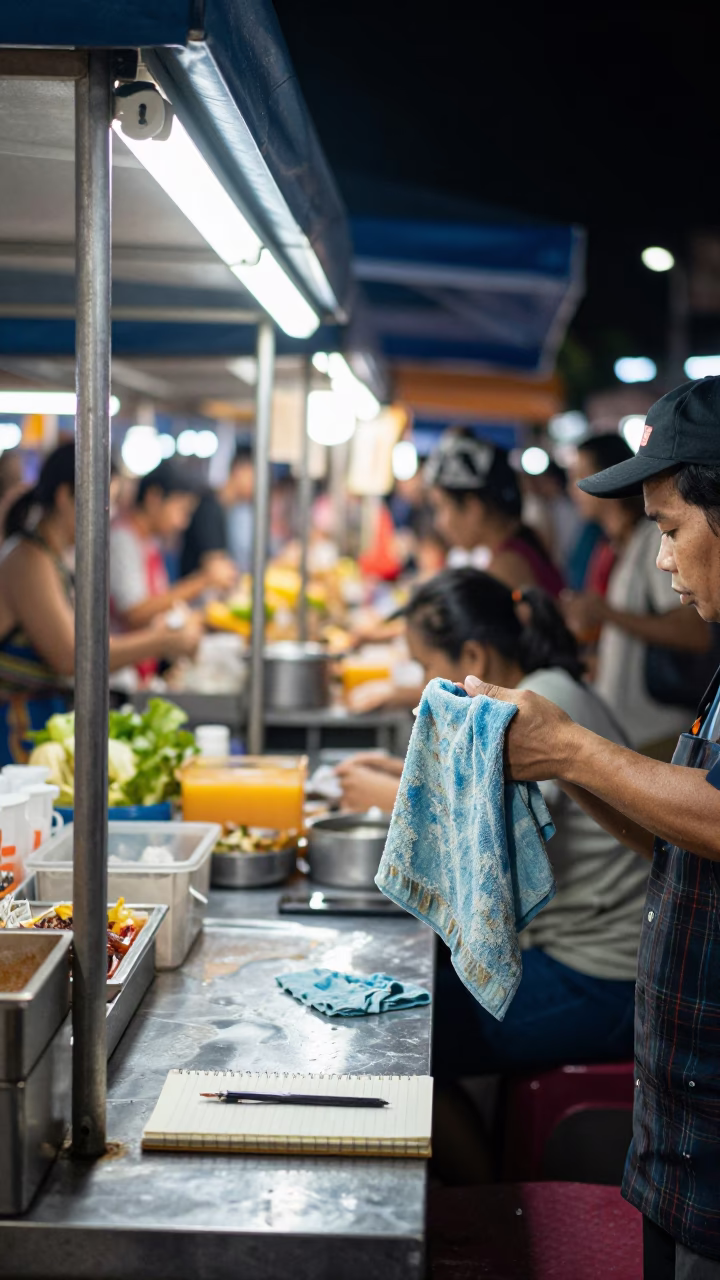 Night Market Stall in Chiang Mai Thailand with Tea Towel and Notebook in in Chiang Mai, Thailand