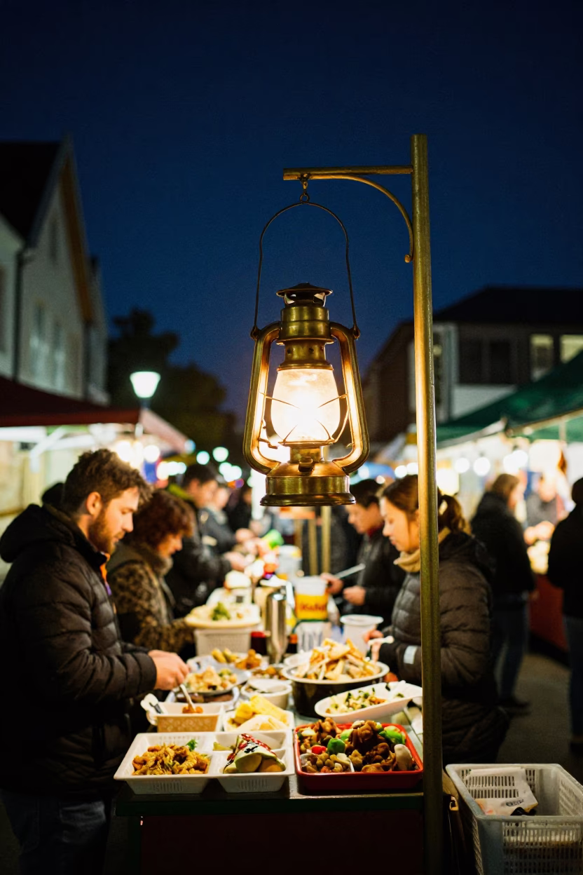 Night Market Stall in Christchurch New Zealand with Brass Lantern and Food Vendor in in Christchurch, New Zealand
