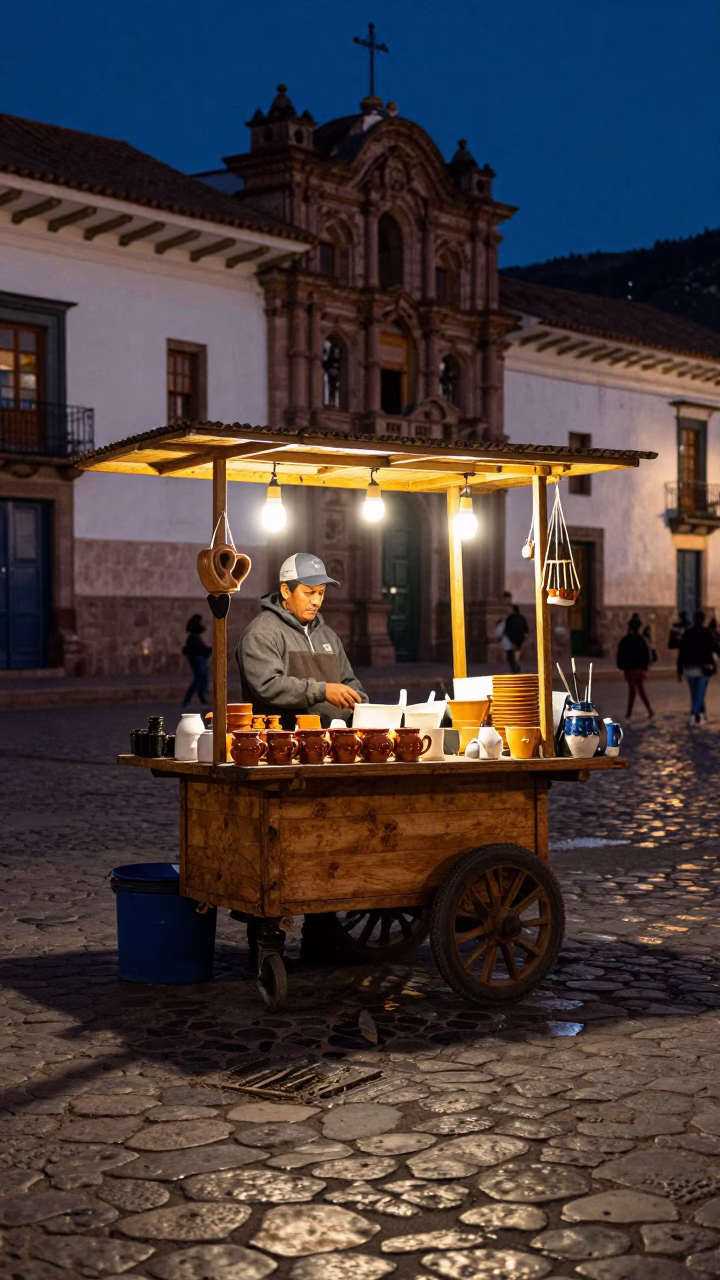 Night Market Stall in Cusco Peru with Ceramic Mug and Chisel Tools in in Cusco, Peru