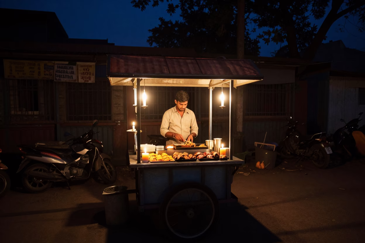Night Market Stall in Delhi India Illuminated by Candlelight with Grilled Halloumi and Mint in in Delhi, India