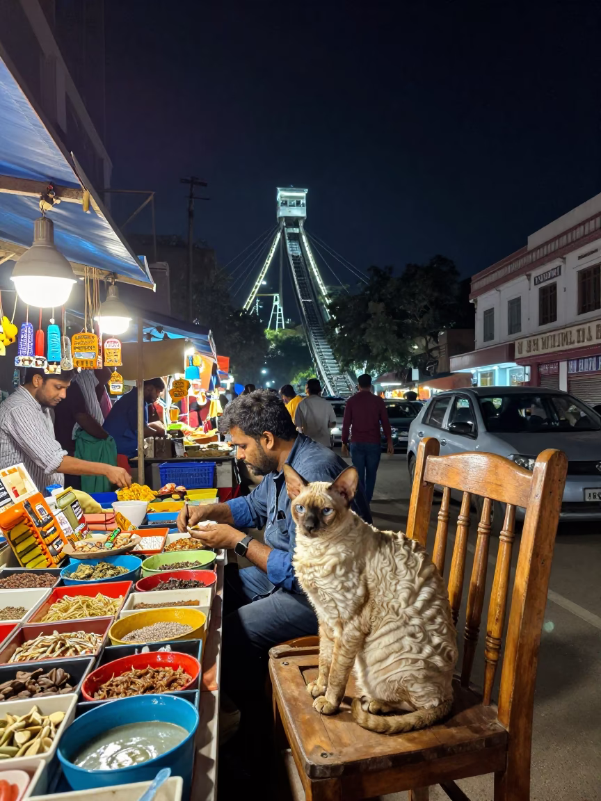 Night Market Stall in Delhi India with Funicular Hill and Street Life in in Delhi, India