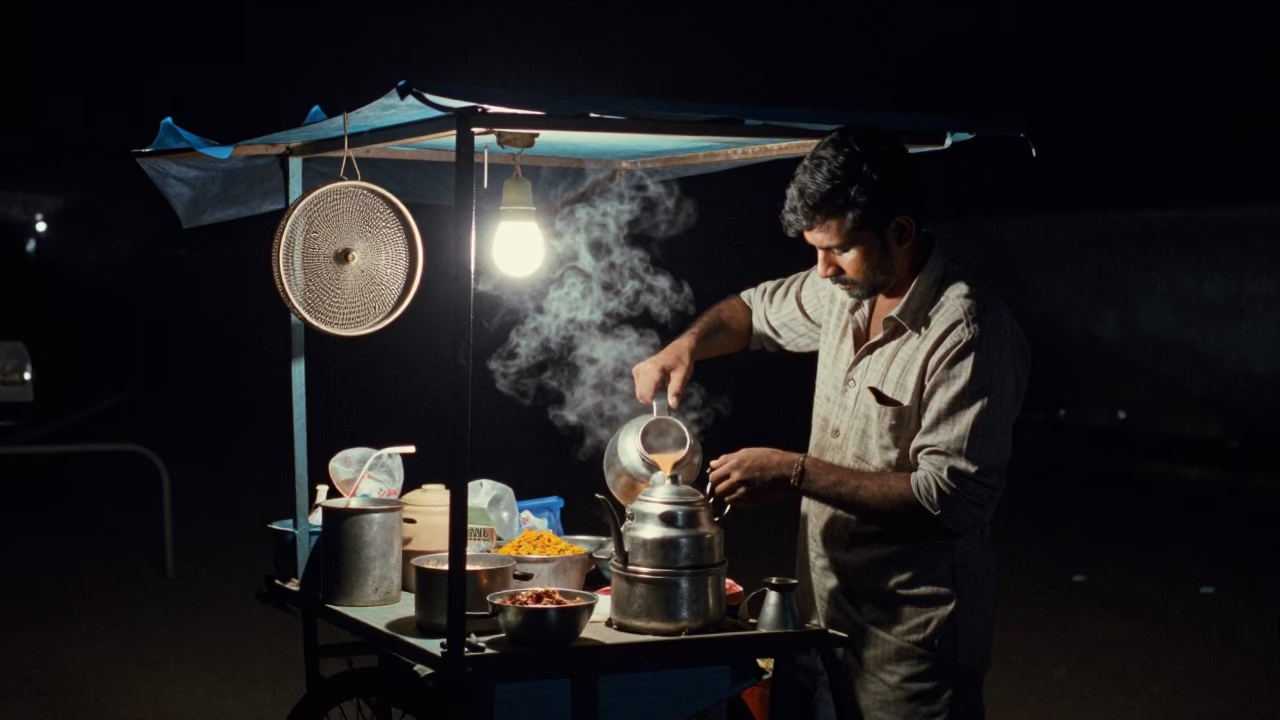 Night Market Stall in Delhi India with Tea Strainer and Local Street Life in in Delhi, India