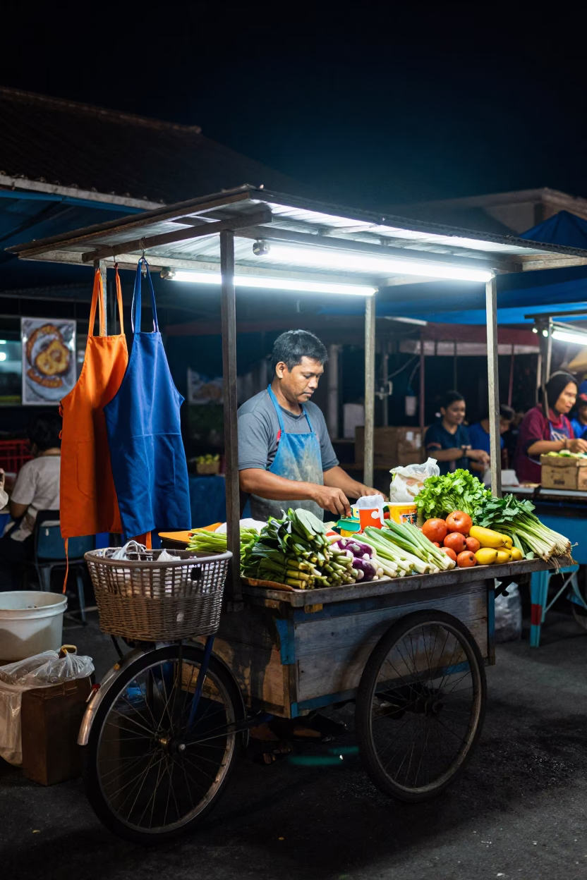 Night Market Stall in Denpasar Indonesia With Bicycle Basket And Aprons in in Denpasar, Indonesia