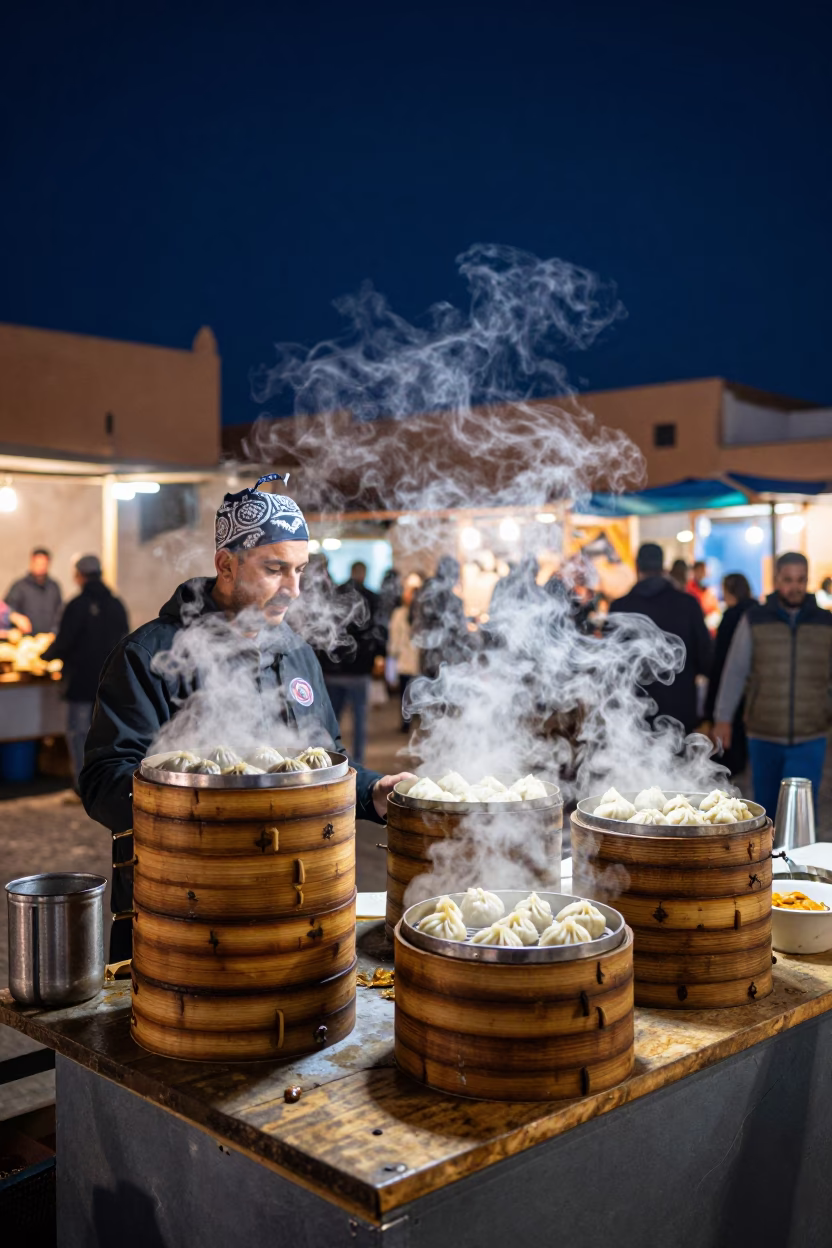 Night Market Stall in Essaouira Morocco with Dim Sum Steamers and Local Interaction in in Essaouira, Morocco