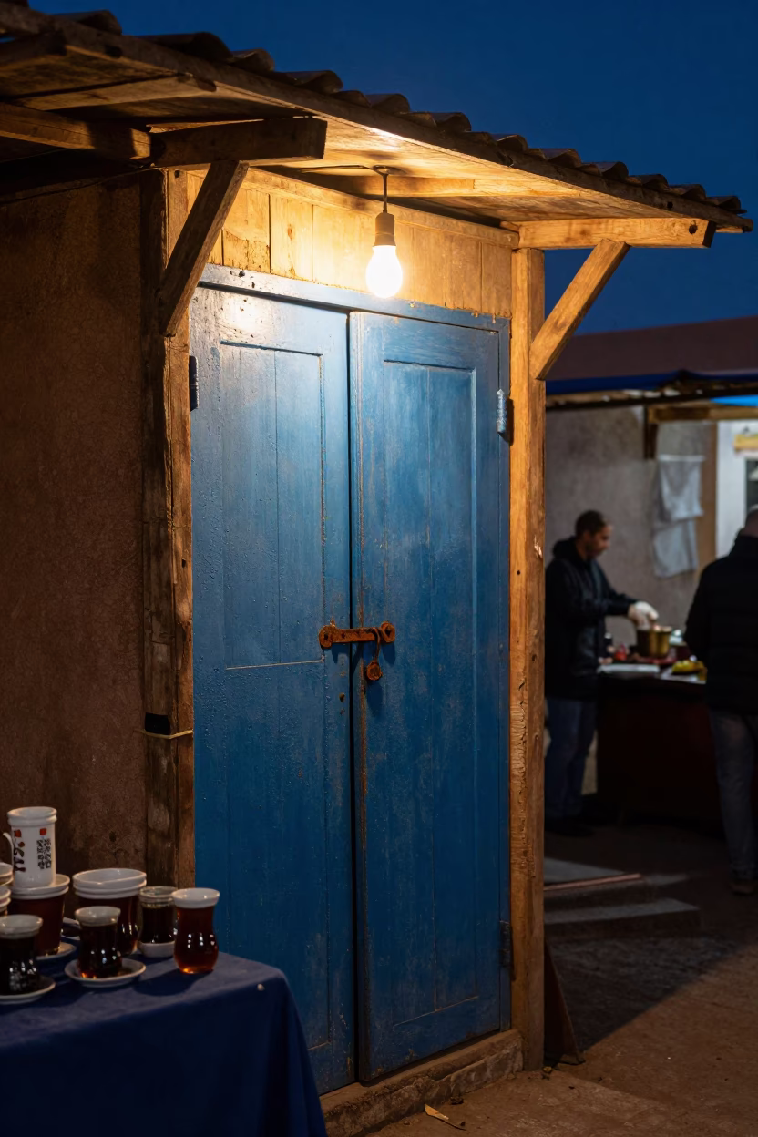 Night Market Stall in Essaouira Morocco with Rusty Latch and Tea Stains in in Essaouira, Morocco