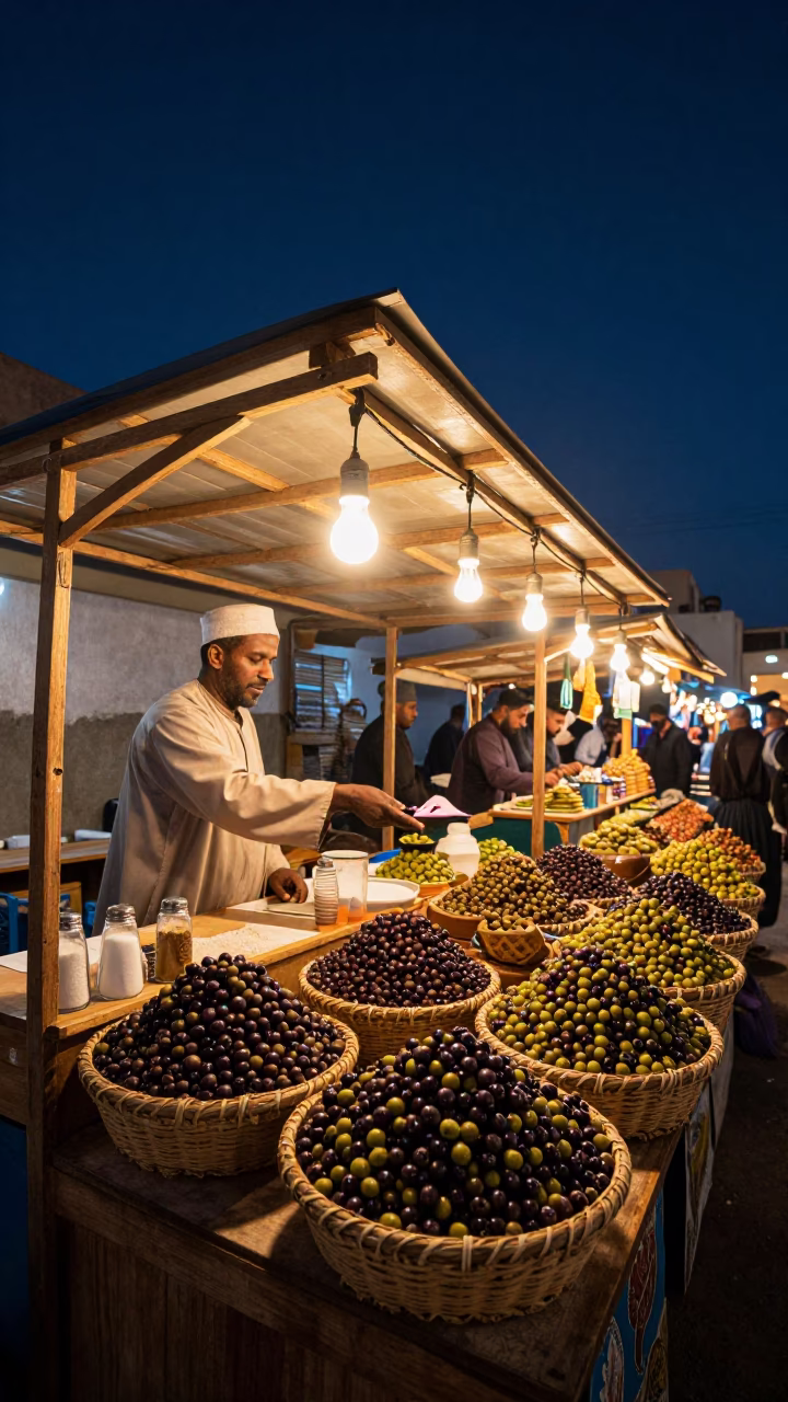 Night Market Stall in Essaouira Morocco with Salt Shaker and Olives Under Deep Sky in in Essaouira, Morocco