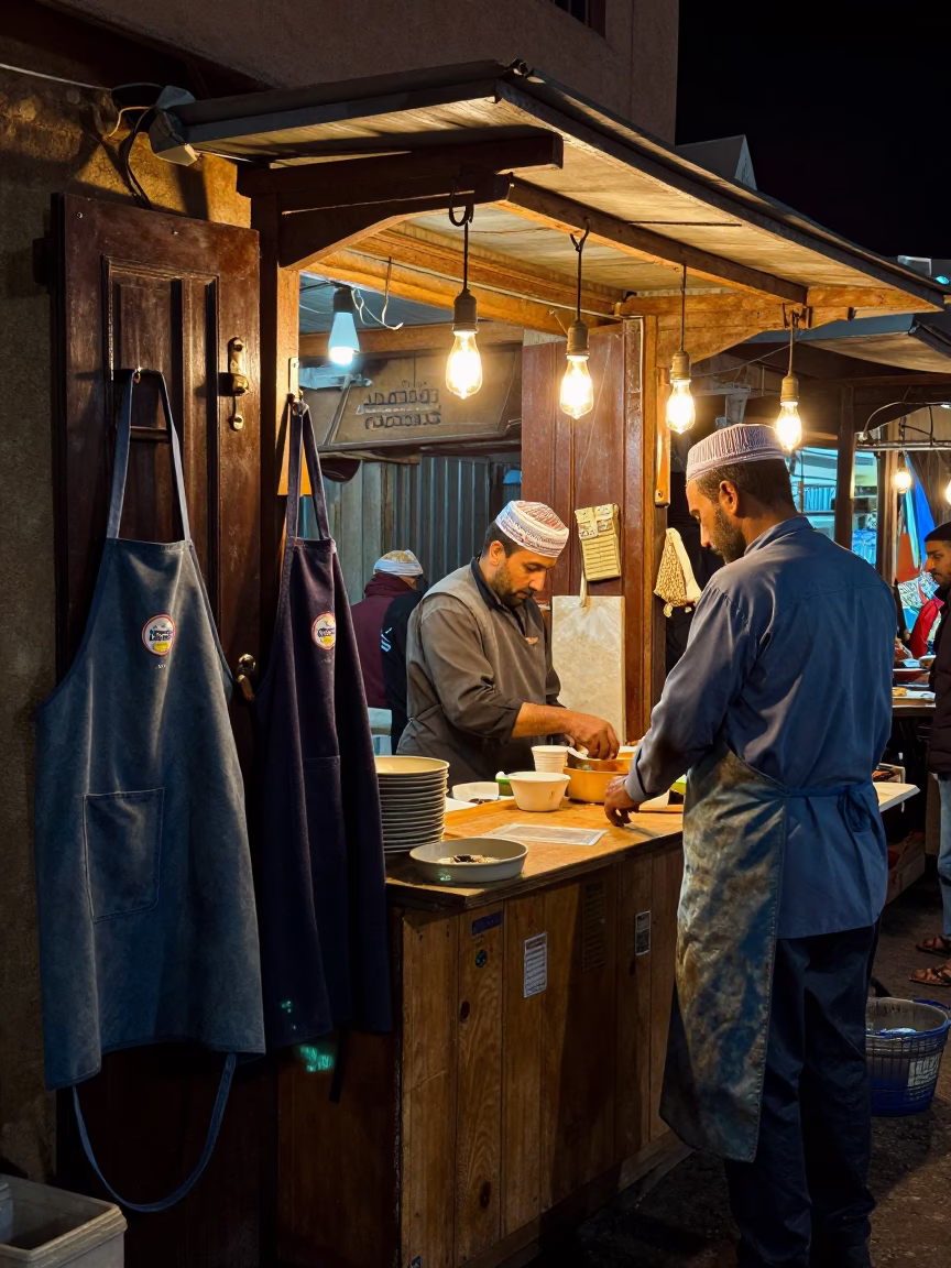 Night Market Stall in Fez Morocco with Aprons and Door Handle Detail in in Fez, Morocco