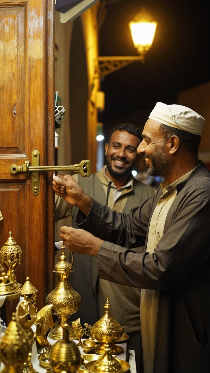 Night Market Stall in Fez Morocco with Brass Latch and Hand Tool Reflections in in Fez, Morocco