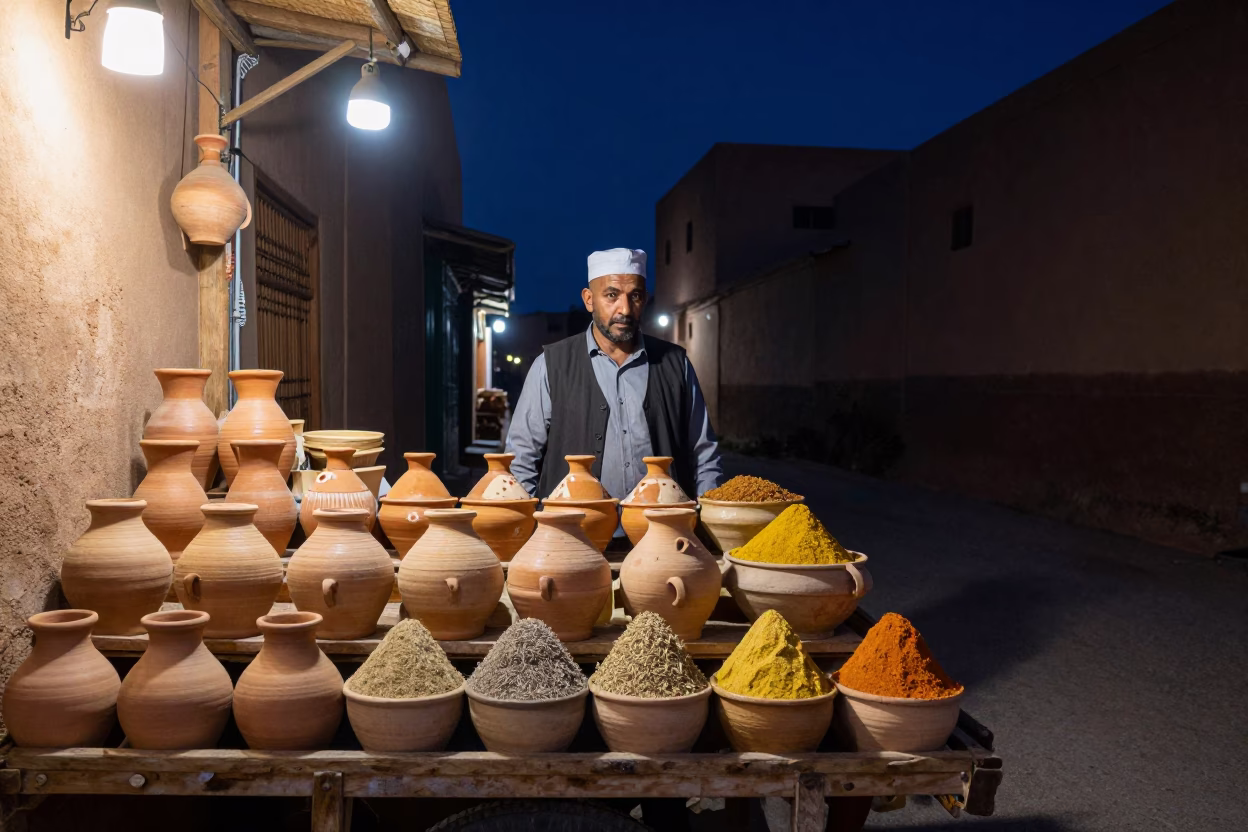 Night Market Stall in Fez Morocco with Ceramic Pots and Spices Under Deep Sky in in Fez, Morocco
