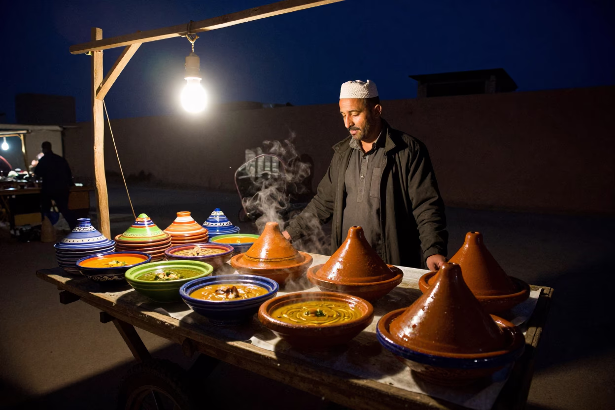 Night Market Stall in Fez Morocco with Colorful Soup Bowls and Kitchen Tongs in in Fez, Morocco