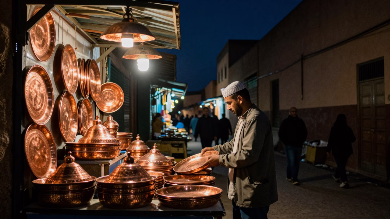 Night Market Stall in Fez Morocco with Copper Trays and Dim Lighting in in Fez, Morocco