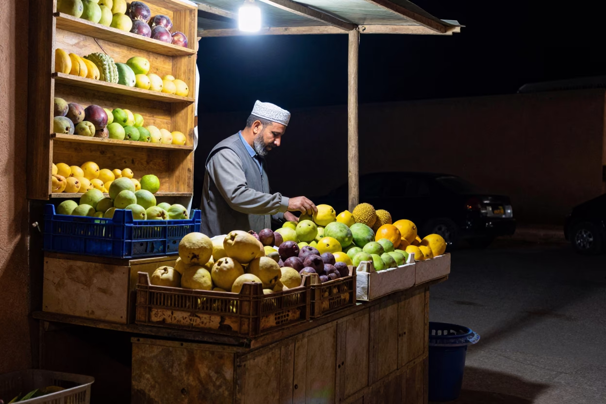 Night Market Stall in Fez Morocco with Fruit Crate and Drawer Knob Detail in in Fez, Morocco