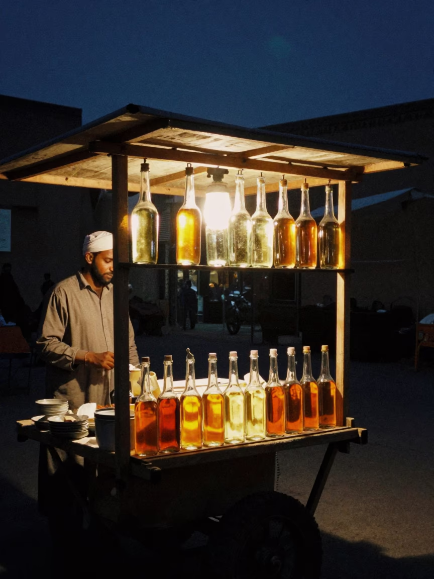 Night Market Stall in Fez Morocco with Glass Bottles Under Deep Sky in in Fez, Morocco
