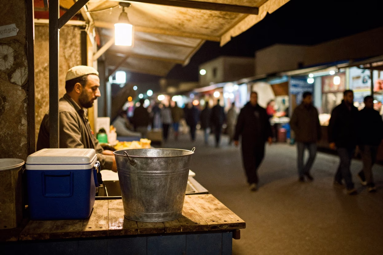 Night Market Stall in Fez Morocco with Metal Bucket and Cooler Jug in in Fez, Morocco