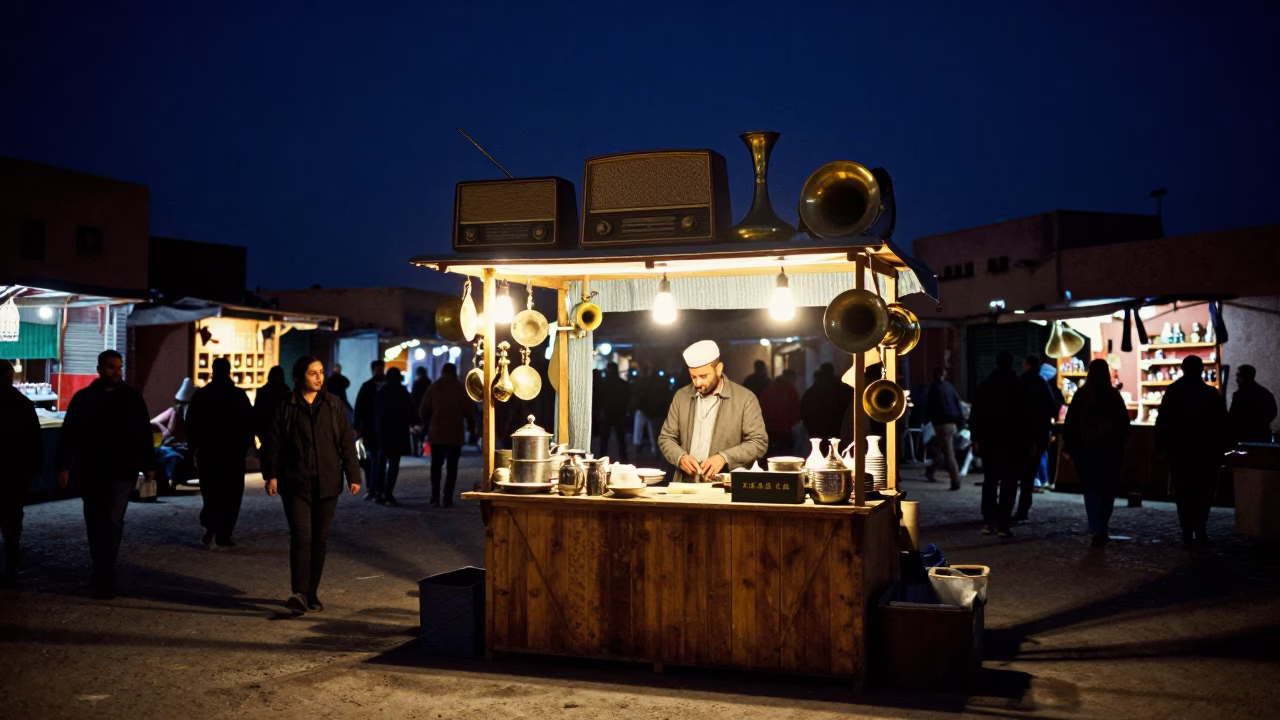 Night Market Stall in Fez Morocco with Vintage Radio and Brass Lanterns in in Fez, Morocco