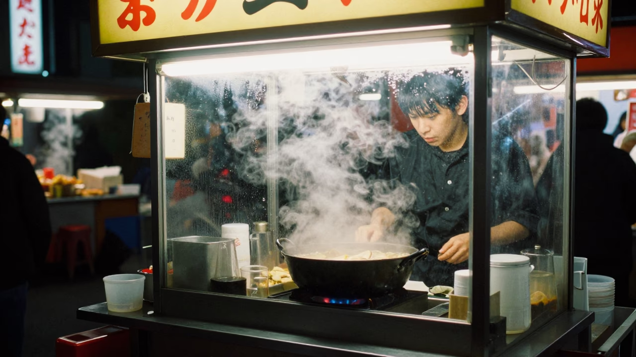 Night Market Stall in Fukuoka Japan with Steam and Neon Lights in in Fukuoka, Japan