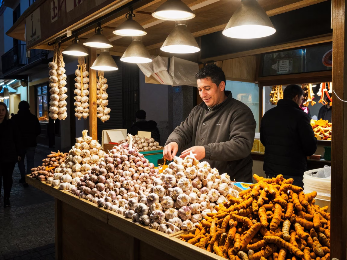Night Market Stall in Granada Spain Midnight Garlic and Turmeric Display in in Granada, Spain