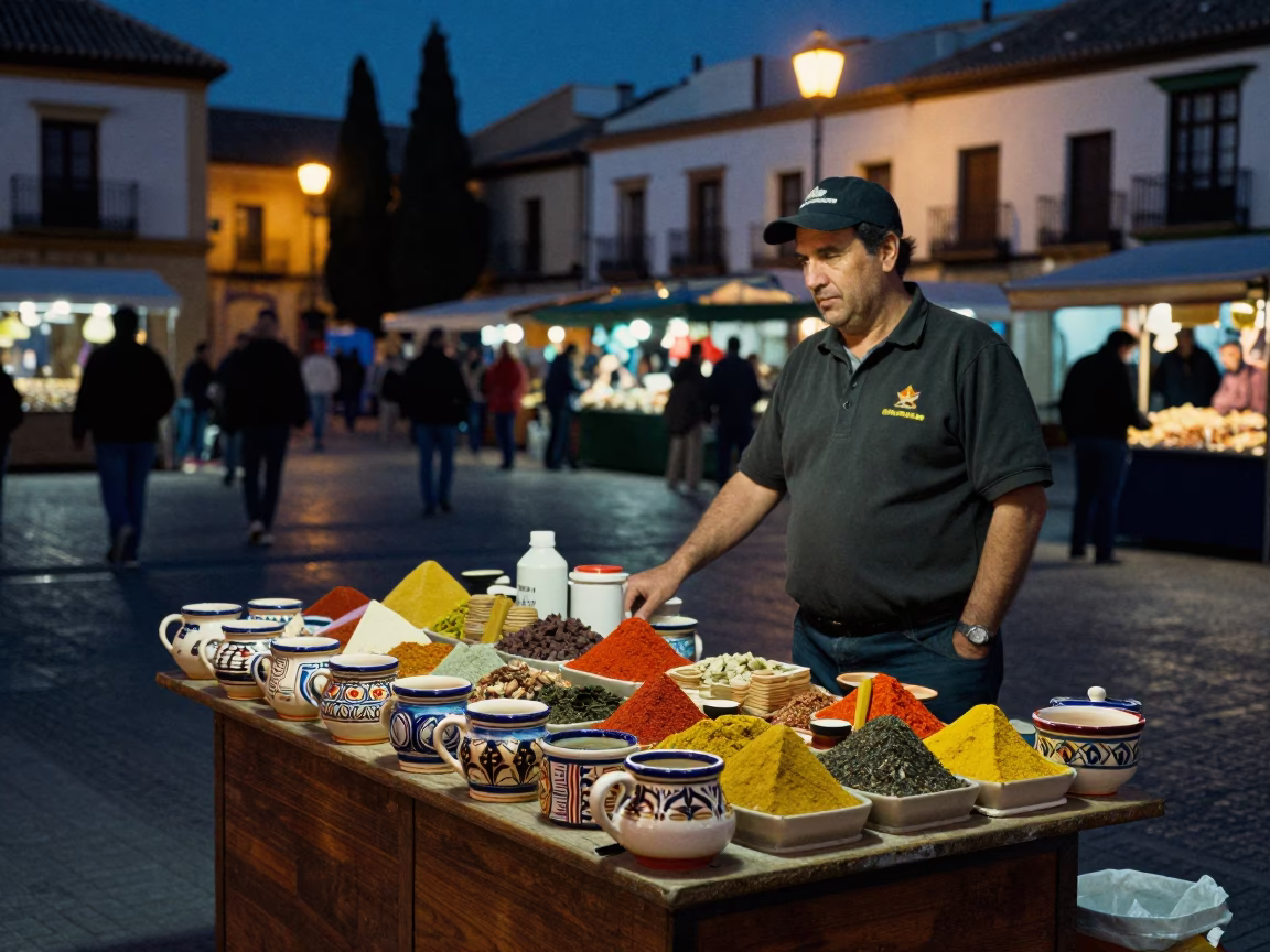 Night Market Stall in Granada Spain with Ceramic Mugs and Spices in in Granada, Spain